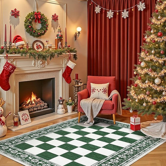 GarveeHome Green 4x6 Rugs for Living Room, Washable Rug for Christmas Decor, Indoor Non Slip Carpet, Checkered Soft Low Pile Christmas Rug for Entryway, Bedroom, Dining Room