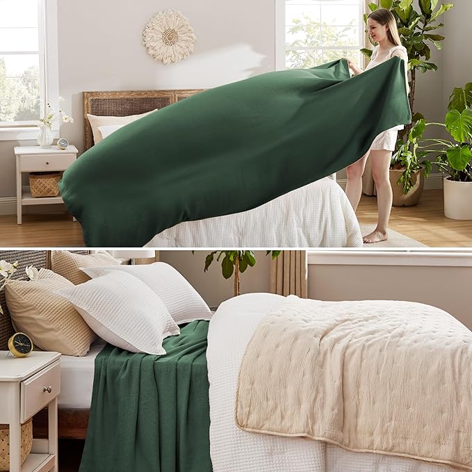 Bedsure GentleSoft 100% Cotton Blanket Queen Size for Bed - Breathable and Lightweight, Soft Cozy Textured Herringbone Woven Blanket, Dark Green, 90x90 inches