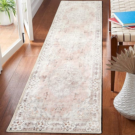 MUJOO Hallway Runner Rug 2'x8' Pink Long Rug Runners Boho Machine Washable Non Slip Carpet for Entryway Kitchen Bathroom Bedside Retro Soft Low-Pile Blossom