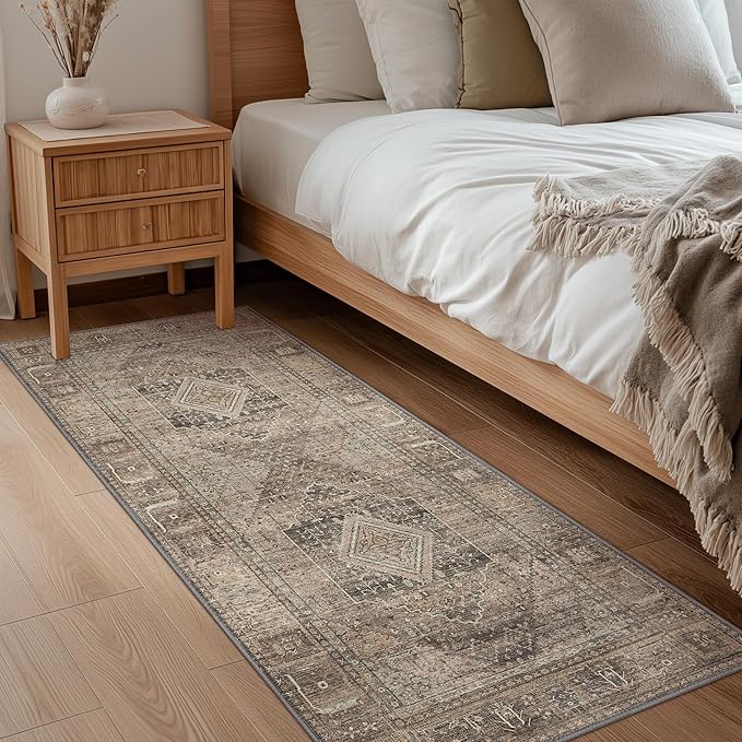 GENIMO 2x10 Runner Rugs for Hallway, Machine Washable Non Slip Vintage Rugs, Low Pile Lightweight Soft Print Rug for enrtyway, Corridor, Home Office, Kitchen, Chestnut Brown