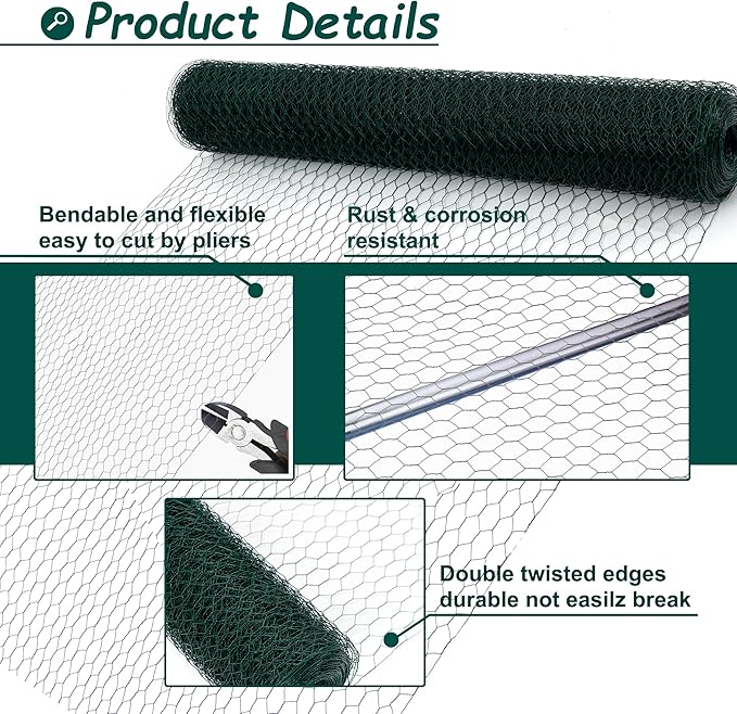 Hardware Cloth for Chicken Wire Fencing of Chicken Coop-1x1.57in Mesh AWG 18 Gauge 43.2in x 196.85ft Anti-Rust Hexagonal PVC Coated Galvanized Wire Mesh Roll-Chicken Runs, Poultry Netting