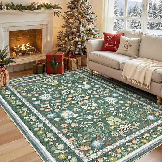 6x9 Area Living Room Rugs - Washable Boho Vintage Floral Large Soft Non Slip Thin Rug Low Pile Carpet for Bedroom Dining Room Kids Playroom Office Decor Indoor- Green