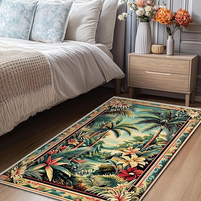 3x5 Tropical Rainforest Area Rugs Boho Forest Rug for Bathroom Kitchen Entryway Indoor Soft Non-Slip Thin Hippie Carpet Small Green Doormat for Office Dining Room Under Table Washable Machine