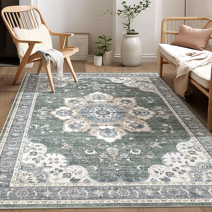 Area Rug for Living Room - 6x9 Soft Washable Oriental Vintage Floral Distressed Large Carpet - Fade Stain Resistant Non Slip Rugs for Bedroom Dining Room Nursery Dorm Office Home Decor - Green
