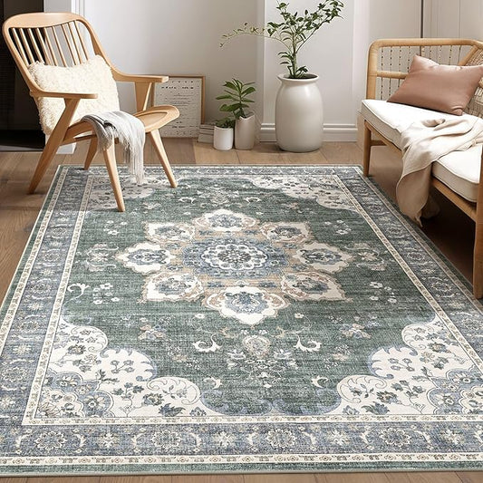 Area Rug for Living Room - 6x9 Soft Washable Oriental Vintage Floral Distressed Large Carpet - Fade Stain Resistant Non Slip Rugs for Bedroom Dining Room Nursery Dorm Office Home Decor - Green