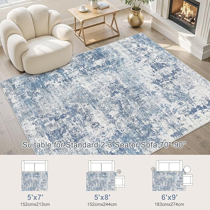 5x8 Area Rug Living Room Rugs - Washable Neutral Modern Abstract Soft Thin Rug Indoor Floor No Slip Rug Carpet for Bedroom Under Dining Table Home Office Decor - Blue White