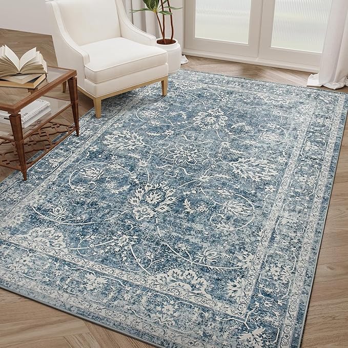 Madane Washable 6x9 Area Rugs for Living Room, Vintage Rug with Non-Slip Backing, Soft Stain Resistant Throw Rugs Thin Carpet for Bedroom Dining Room Farmhouse (6 x 9, Cadet Blue)