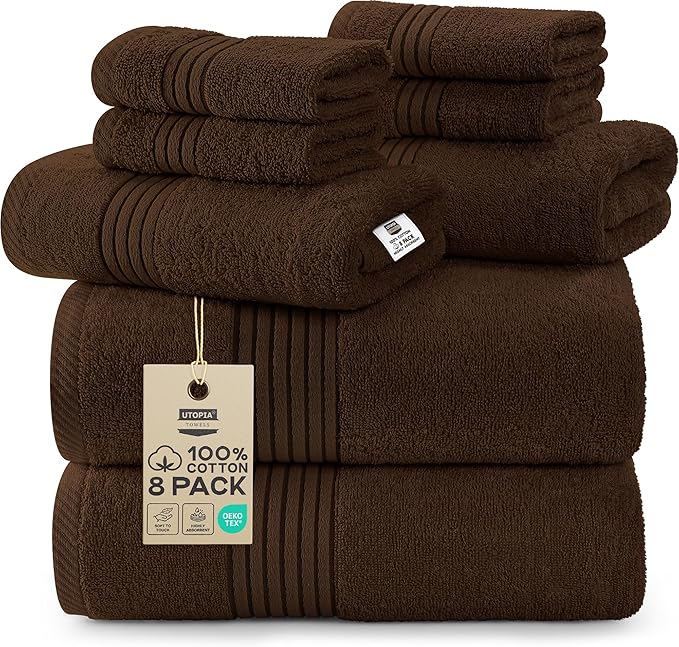 Utopia Towels 8 Piece Premium Towel Set, 2 Bath, 2 Hand, and 4 Washcloths, 100% Ring Spun Cotton, Highly Absorbent Towels for Bathroom, Sports, and Hotel, Dark Brown