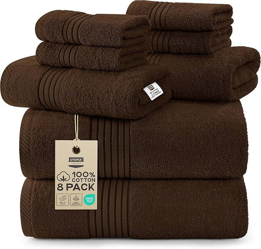 Utopia Towels 8 Piece Premium Towel Set, 2 Bath, 2 Hand, and 4 Washcloths, 100% Ring Spun Cotton, Highly Absorbent Towels for Bathroom, Sports, and Hotel, Dark Brown