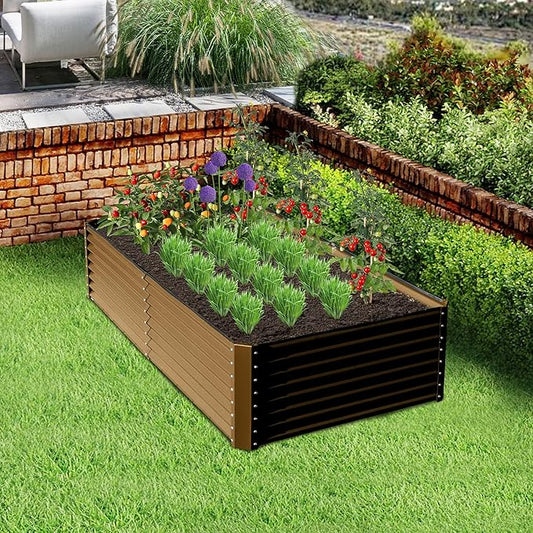 Domi 6x3x2ft Metal Raised Garden Beds Outdoor, Thickened Galvanized Steel Deep Root Planter Box with Stabilizing Bars & Rubber Edging for Vegetables, Flowers, Herbs - Brown