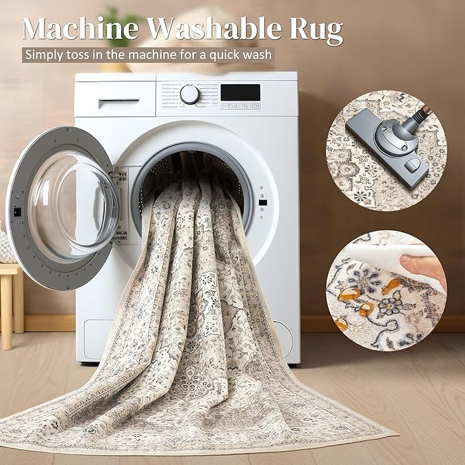 Washable Rug 8x10 Area Rugs for Living Room Bedroom Dining Room Home Office Floor Decor -Stain & Fade Resistant Non Slip Backing Carpet,Ultra-Thin Vintage Large Carpets (Brown/Beige,8'x10')