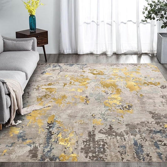 vivorug Washable Rug, Ultra Soft Area Rug 3x5, Non Slip Abstract Small Rug, Stain Resistant Rugs for Living Room Bedroom, Modern Fluffy (Grey/Mustard, 3'x5')