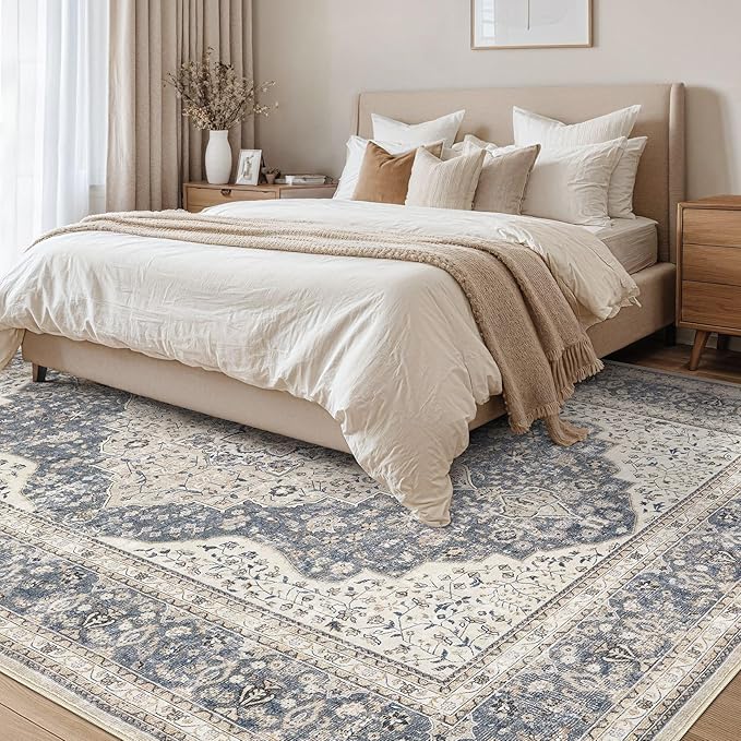 Washable Rug for Living Room - 7x9 Non-Slip Soft Vintage Floral Area Rug for Family Kids & Pet, Stain Resistant Carpet for High Traffic Bedroom Dining Room Teen Dorm Home Decor Aesthetic (Blue/Beige)