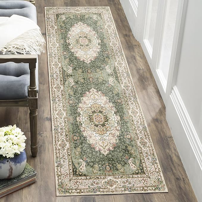 Washable Runner Rug 2x6,Green Rug Runners Non Slip,Long Boho Rugs for Hallways Kitchen Bedroom Entryway Living Room Bathroom,Vintage Bohemian Distressed Floor Carpet,Floral