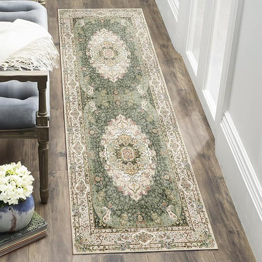 Washable Runner Rug 2x6,Green Rug Runners Non Slip,Long Boho Rugs for Hallways Kitchen Bedroom Entryway Living Room Bathroom,Vintage Bohemian Distressed Floor Carpet,Floral