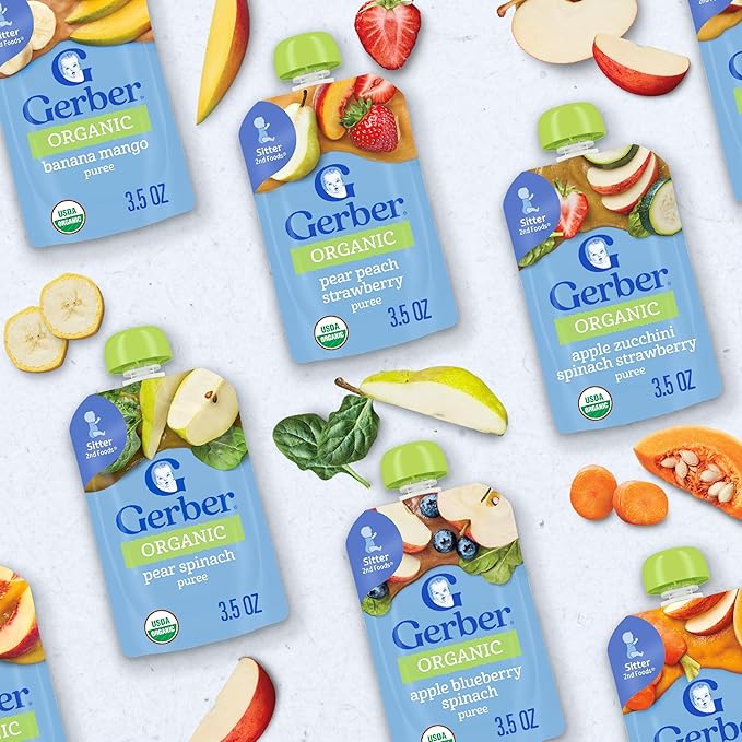 Gerber Stage 2 Baby Food, Organic Pear Spinach Puree Pouch, 2 Servings of Fruit and Veggie, No Added Sweetener, No Artificial Colors or Flavors, 12-Pack