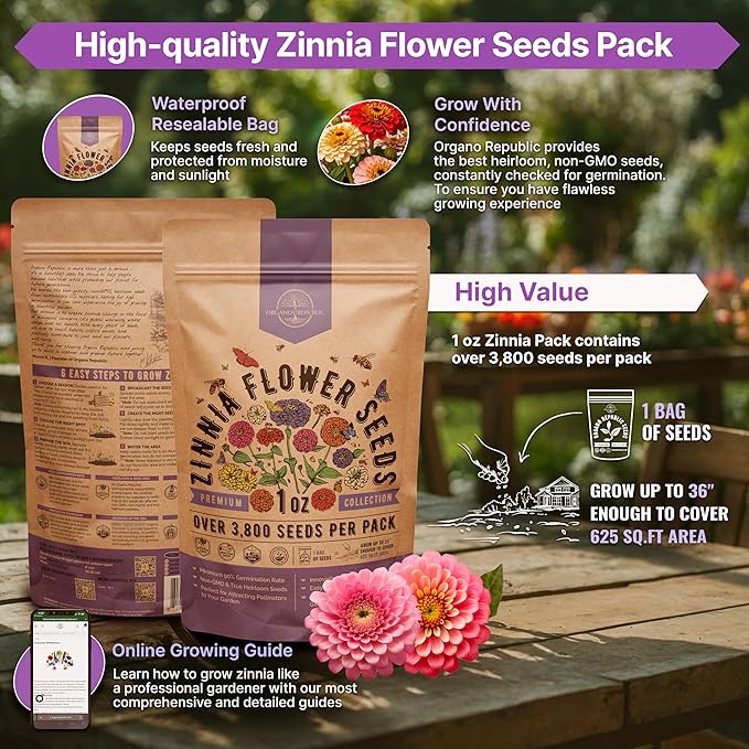 Zinnia Seeds Pack 1 oz - Over 3,800 Non-GMO Heirloom Zinnia Seeds for Planting, Annual Flowers in Individual Seed Packet, Flower Seed for Planting Home Garden Indoor & Outdoor Gardening