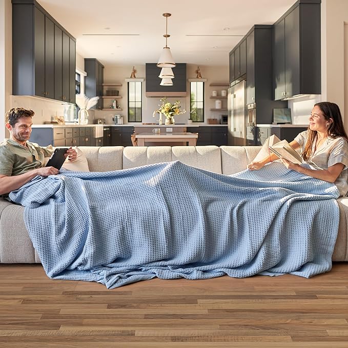 Bedsure Gentlesoft 100% Cotton Large Throw Blanket for Couch 50x70 inches - Breathable and Soft, Waffle Weave Throw Blanket for Office, Sky Blue