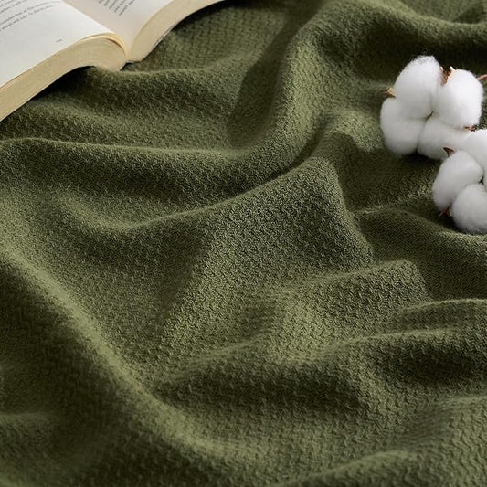 Bedsure GentleSoft 100% Cotton Blanket King Size for Bed - Breathable and Lightweight, Soft Cozy Textured Herringbone Woven Blanket for Summer, Olive Green, 108x90 inches