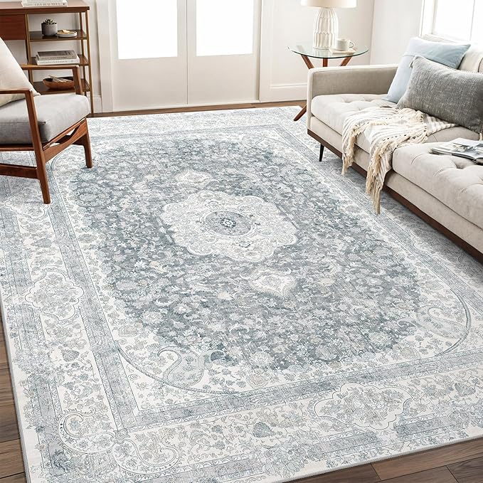 8x10 Area Rugs Washable,Grey Rug for Living Room Bedroom Dining Room,Large Boho Vintage Bohemian Distressed Carpet Non Slip,Floral