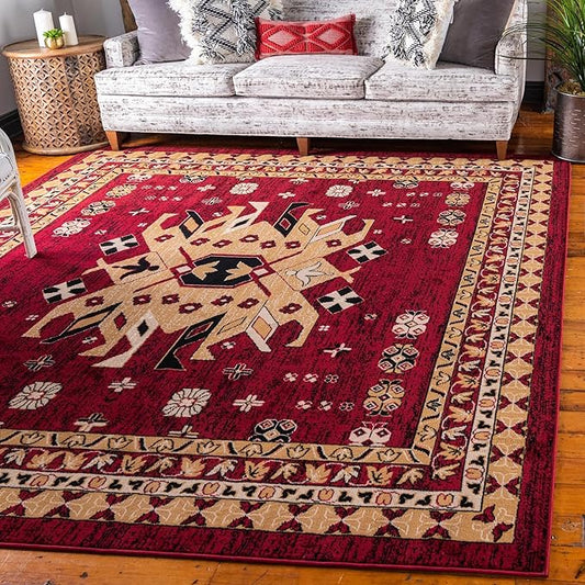 Unique Loom Taftan Collection Border Geometric Tribal Inspired Design Area Rug (8' 0 x 8' 0 Square, Red/ Gold)