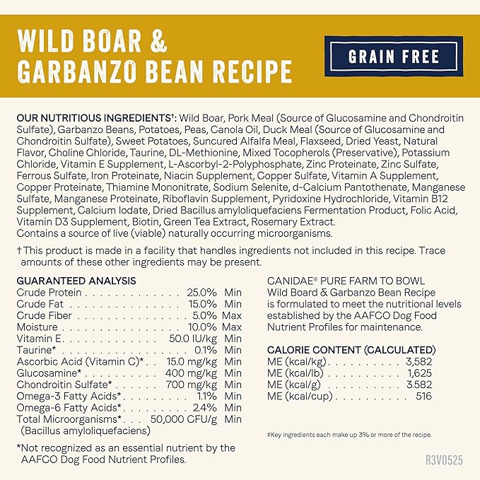 Canidae Pure Farm to Bowl Wild Boar & Garbanzo Bean, Grain-Free Dry Dog Food, Adult, 4lb
