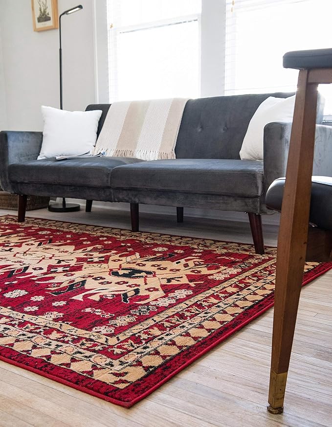 Unique Loom Taftan Collection Border Geometric Tribal Inspired Design Area Rug (9' 10 x 13' 0 Rectangular, Red/ Gold)
