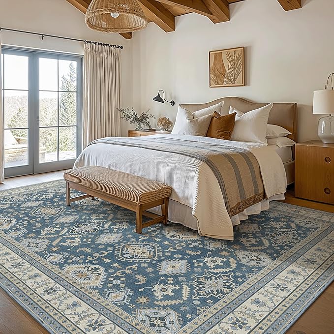 GENIMO Machine Washable 8x10 Area Rugs for Living Room, Non Slip Vintage Rugs, Low Pile Lightweight Chenille Print Rug for Bedroom, Dining Room, Home Office, Blue