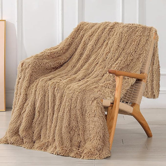 Tuddrom Decorative Extra Soft Faux Fur Blanket Twin Size,Solid Reversible Fuzzy Lightweight Long Hair Shaggy Blanket,Fluffy Plush Fleece Comfy Microfiber Throw Blanket for Couch Sofa Bed,Camel