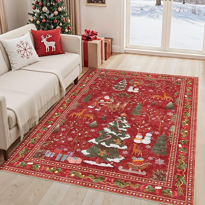 Christmas Area Rug Living Room Rugs: 5x7 Neutral Modern Washable Festive Soft Thin Non-Slip Indoor Carpet for Bedroom Dining Table and Home Office Holiday Decor - Red