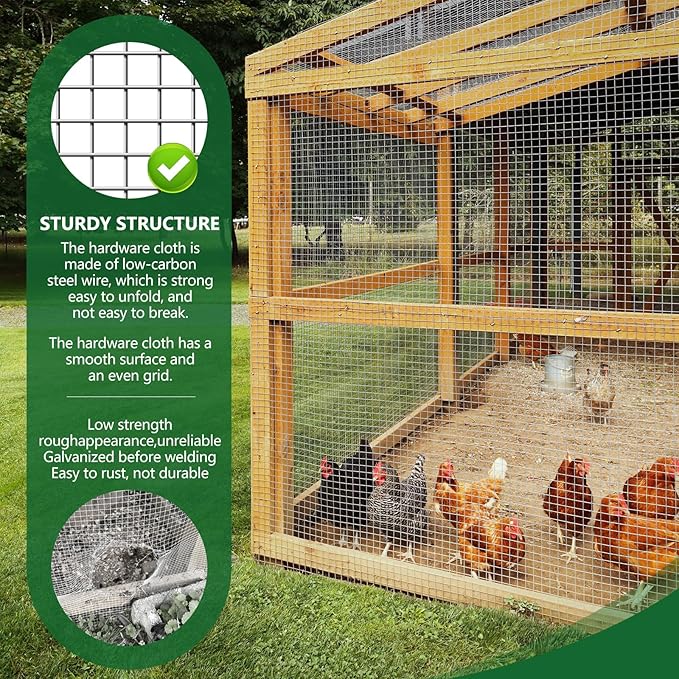 Hardware Cloth 1/4in 48inx100ft Hot Dip Galvanized 23 Gauge Chicken Wire Fencing Roll Poultry Animal Netting Cage Screen Chicken Coop Accessories Garden Plant Supports