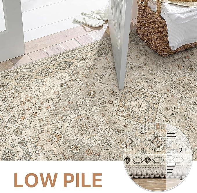 GENIMO Machine Washable 8x10 Area Rugs for Living Room, Non Slip Vintage Rugs, Low Pile Lightweight Chenille Print Rug for Bedroom, Dining Room, Home Office, Sandy Brown
