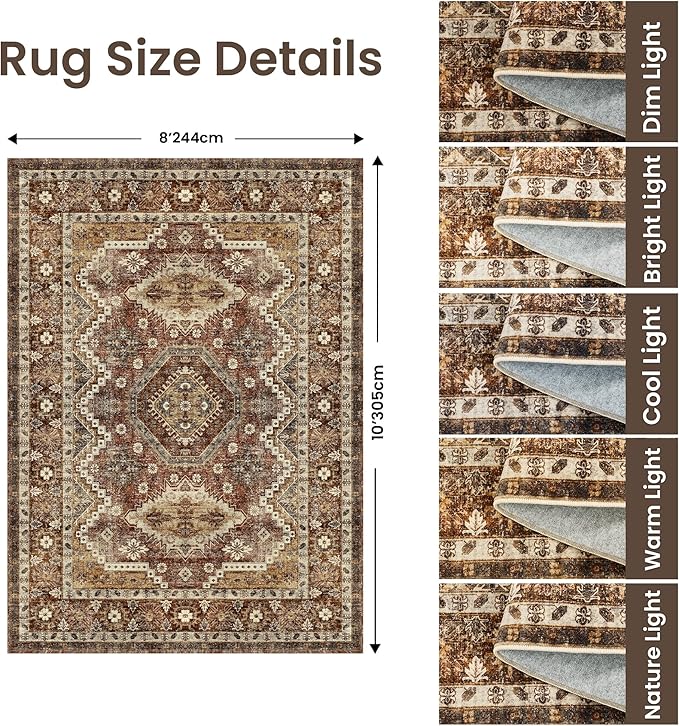 Rugland 8x10 Area Rugs - Stain Resistant Washable Rug, Anti Slip Backing Rugs for Living Room, Vintage Tribal Area Rugs (TPR07-Rust, 8'x10')
