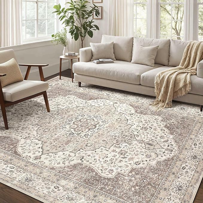 Washable Rug for Living Room - 7x9 Non-Slip Soft Vintage Floral Area Rug for Family Kids & Pet, Stain Resistant Carpet for High Traffic Bedroom Dining Room Teen Dorm Home Decor Aesthetic (Brown/Beige)