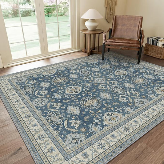 GENIMO Machine Washable 8x10 Area Rugs for Living Room, Non Slip Vintage Rugs, Low Pile Lightweight Chenille Print Rug for Bedroom, Dining Room, Home Office, Blue