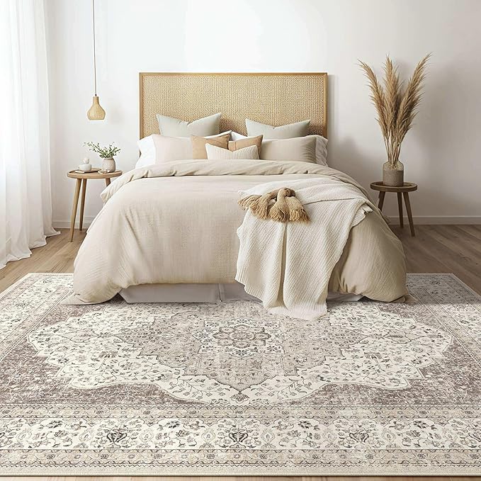 Washable Rug for Living Room - 10x12 Non-Slip Soft Vintage Floral Area Rug for Family Kids & Pet, Stain Resistant Carpet for High Traffic Bedroom Dining Room Teen Dorm Home Decor Aesthetic (Brown)