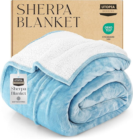 Utopia Bedding Sherpa Blanket King Size (Washed Blue, 90x102 Inches) - Soft Lightweight Plush Fleece Reversible Blanket for Bed, Sofa, Couch, Camping and Travel