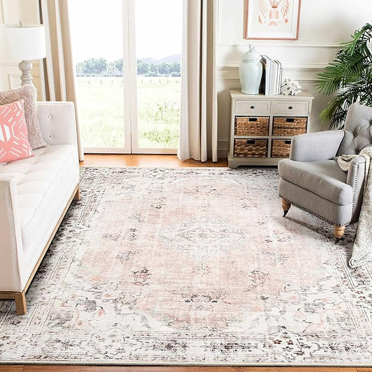 MUJOO Pink Rug 6'x9' Area Rugs for Living Room Washable Rugs Large Boho Carpet for Bedroom Dining Room Neutral Vintage Farmhouse Abstract Non Slip Soft Low-Pile Floral Flowers