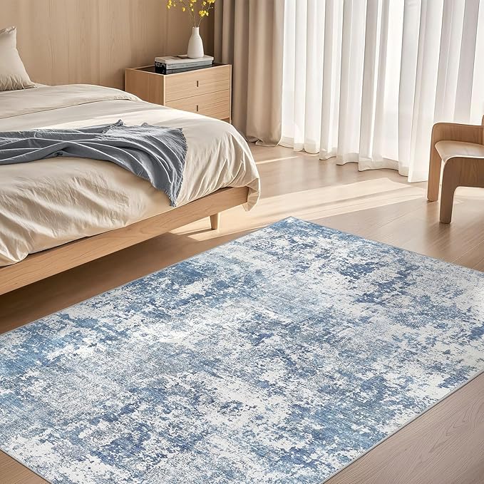 4x6 Area Rug Living Room Rugs - Washable Neutral Modern Abstract Soft Thin Rug Indoor Floor No Slip Rug Carpet for Bedroom Under Dining Table Home Office Decor - Blue White