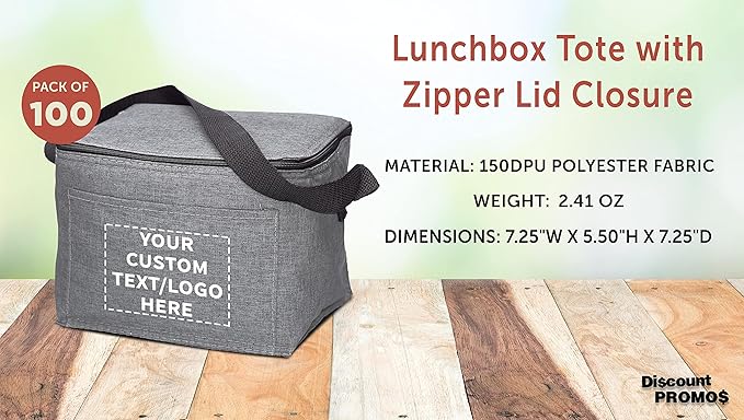 Custom Insulated Cooler Lunch Bag Set of 100, Personalized Bulk Pack - Perfect for Work, Travel, Outdoor Events - Grey