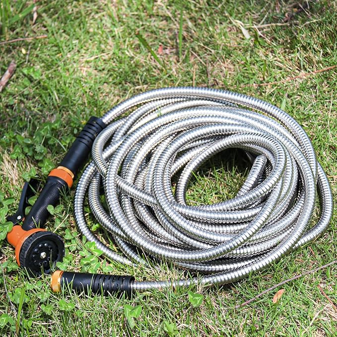 Garden Hose 25FT Stainless Steel Water Hose with 10 Functions Adjustable Spray Nozzle, Heavy-Duty Metal Garden Hose Flexible Durable No-Tangle & Kink Leak Dog Proof Hose for Yard Lawn(Orange)