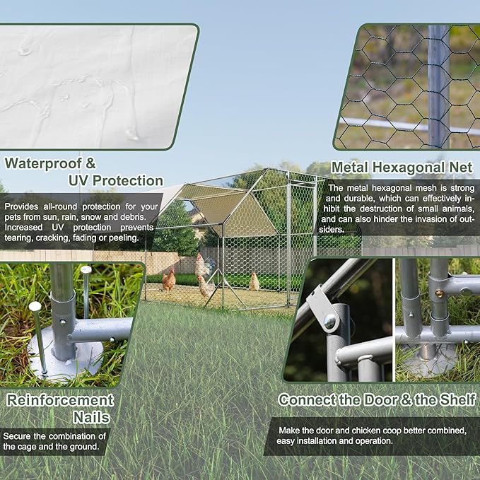Chicken Coop Large Metal Chicken Coop Walk-In Poultry Cage Chicken Run for 15-20 Chickens,Durable Chicken House/cage with Waterproof and Anti-UV Cover,Suit for Your Backyard(13'Lx9.8'Wx6.8'H)