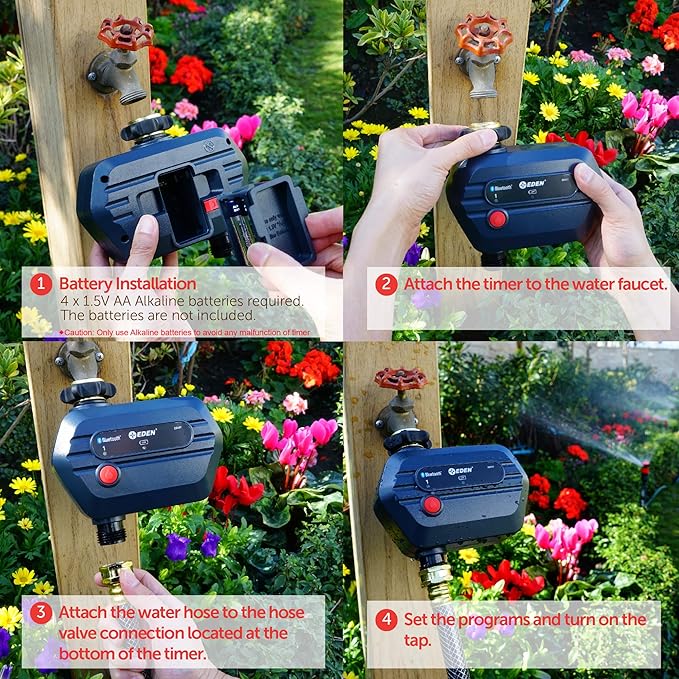 Eden 25441 1-Zone Bluetooth Water Timer for Smart Irrigation - Remote Control via App, Customizable Scheduling, and Water Delay Setting