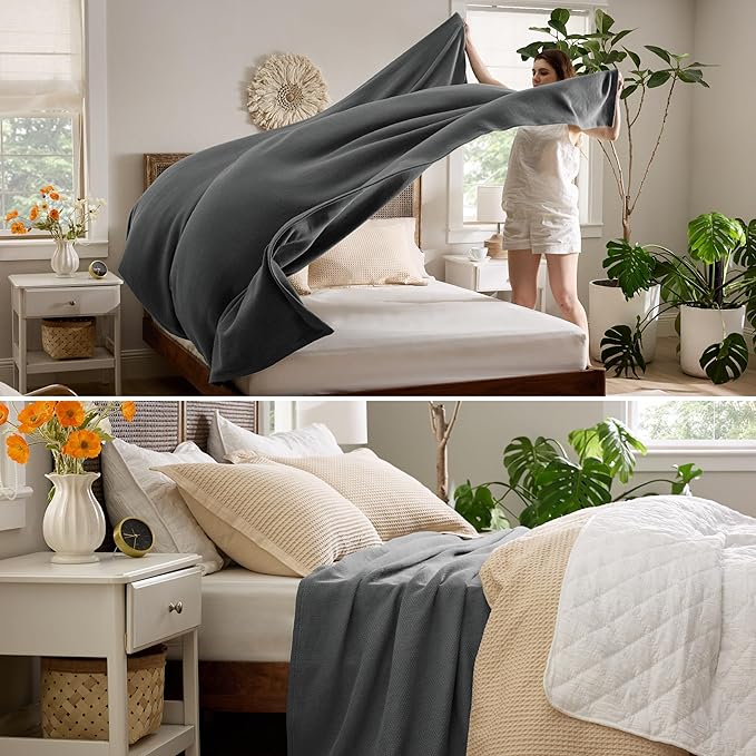 Bedsure GentleSoft 100% Cotton Large Blanket Oversized King for Bed 120x94 inches - Breathable Soft Cozy Herringbone Woven Blanket for Summer, Couch Cover, Dark Grey