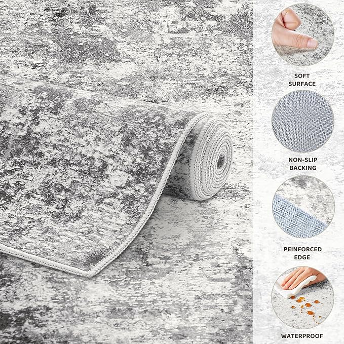 4x6 Area Rug Living Room Rugs - Washable Neutral Modern Abstract Soft Thin Rug Indoor Floor No Slip Rug Carpet for Bedroom Under Dining Table Home Office Decor - Grey