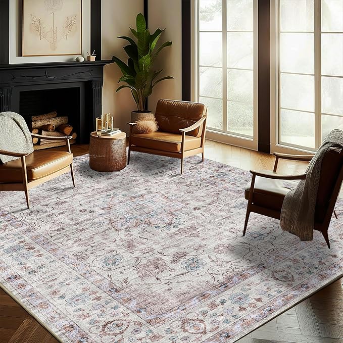 Washable Area Rug 9'x12' Retro Boho Design Non-Shedding Easy Care Ideal for High Traffic Areas in Living Room Bedroom Office Coffee Table Kitchen Large Carpet