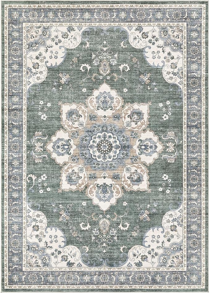 Area Rug for Living Room - 6x9 Soft Washable Oriental Vintage Floral Distressed Large Carpet - Fade Stain Resistant Non Slip Rugs for Bedroom Dining Room Nursery Dorm Office Home Decor - Green