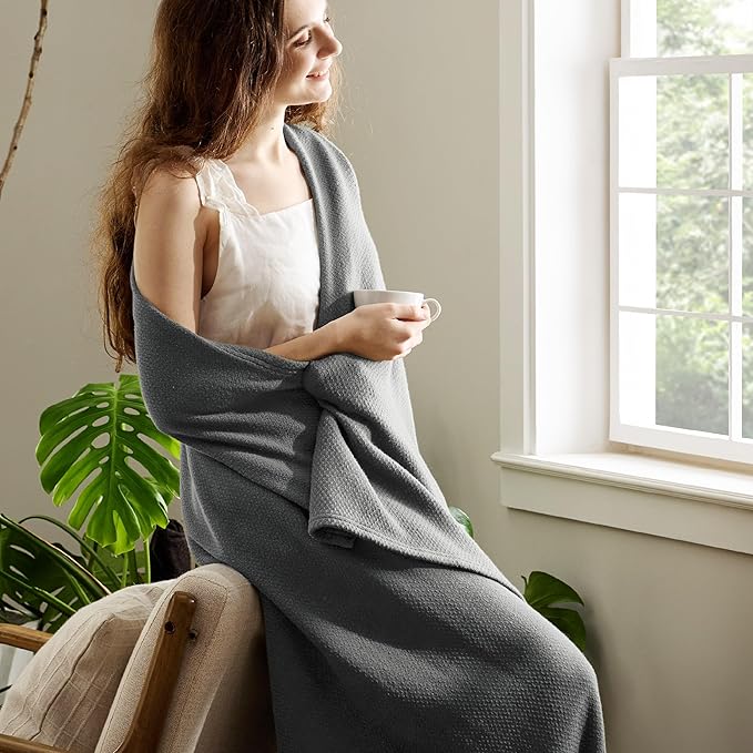 Bedsure 100% Cotton Blanket Full Size for Bed - Breathable and Lightweight, Soft Cozy Textured Herringbone Woven Blanket for Summer Spring, Dark Grey, 80x90 inches