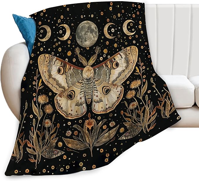 Moth Blanket Moon Butterfly Decor Throw Blanket Comfort Plush Flannel Fleece Warm Soft Fuzzy Blanket Gothic Gifts for Girls Boys Women Teens for Room Bed Sofa Couch 40"X50"