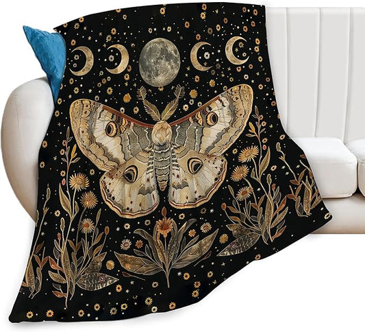 Moth Blanket Moon Butterfly Decor Throw Blanket Comfort Plush Flannel Fleece Warm Soft Fuzzy Blanket Gothic Gifts for Girls Boys Women Teens for Room Bed Sofa Couch 40"X50"